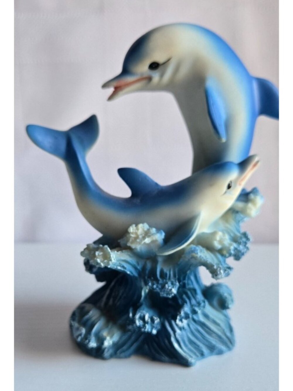 Blue Ceramic Playful Dolphins on Coral & Waves Figurine Beach Ocean 5.5 inches